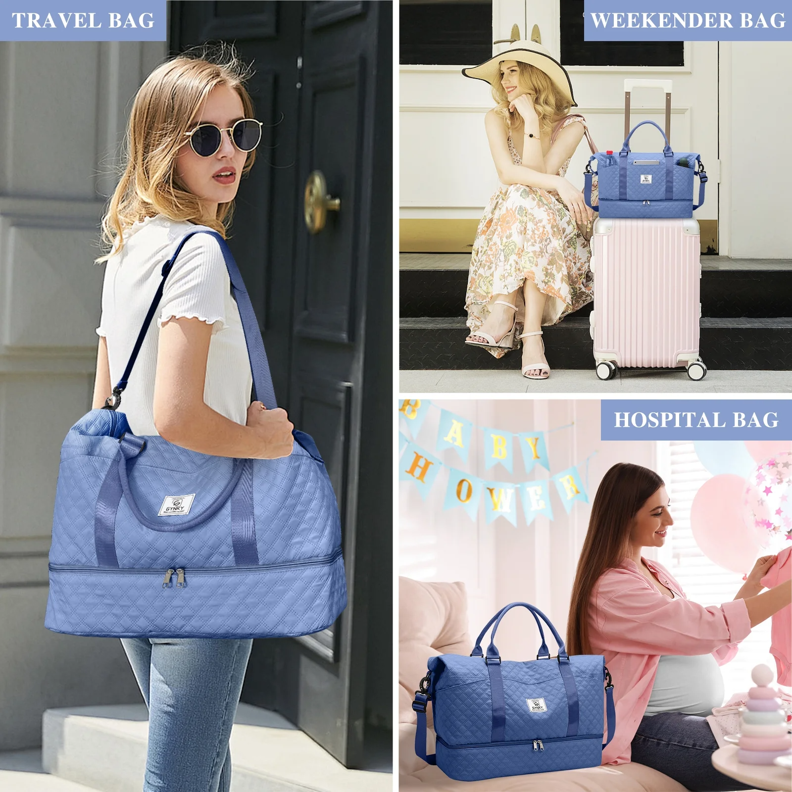 Three models showcase quilted blue bags labeled as travel, weekender, and hospital bags, highlighting their versatility in different settings