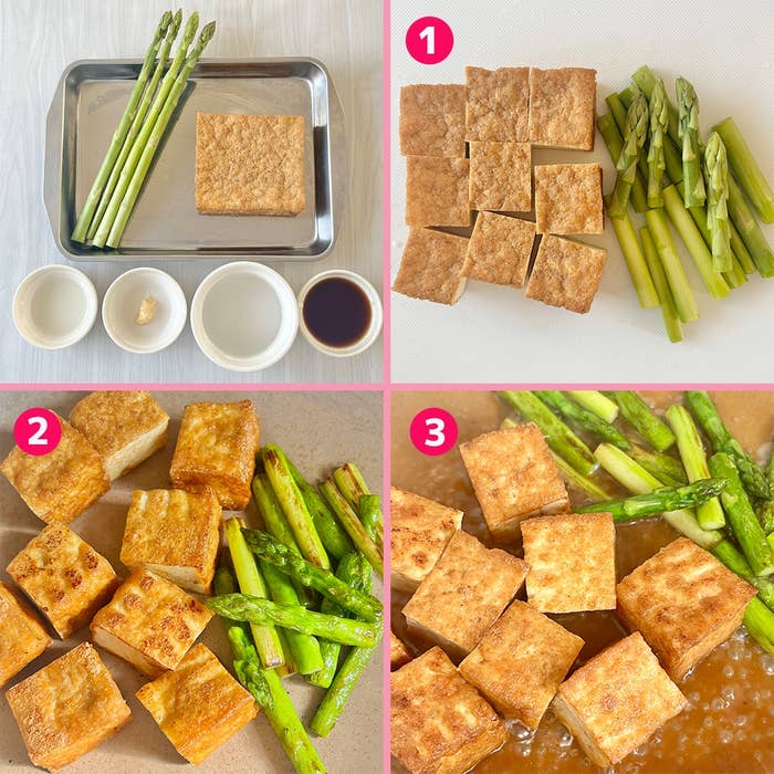 1枚の厚揚げとアスパラガスが調理される過程を示す3つのステップ画像。