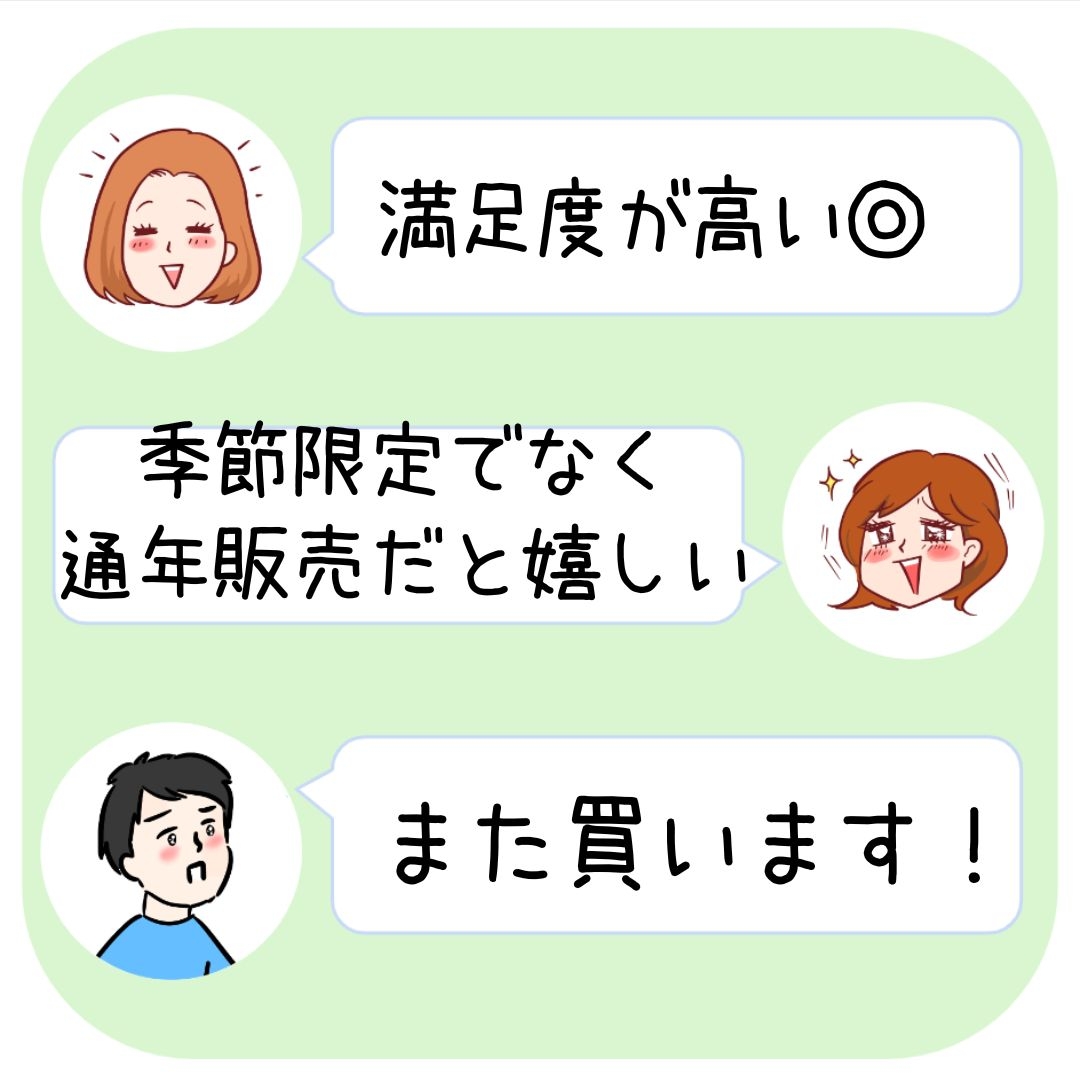 女性が商品に高評価、男性も再購入希望を表現するイラスト。