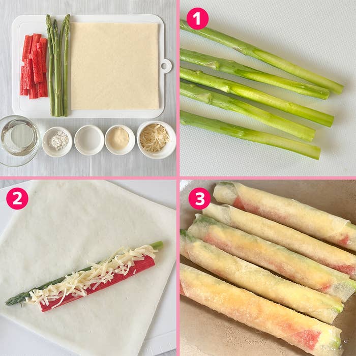 アスパラガスとカニカマを春巻きの皮で巻いた料理の作り方。工程: 材料準備、具材を巻く、仕上がり。