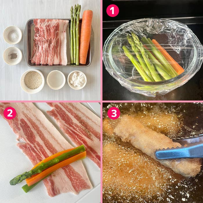 材料の写真、アスパラガスとにんじんのレンジ加熱、豚バラ肉で野菜を巻く様子、油で揚げる過程を示す4コマ料理手順。