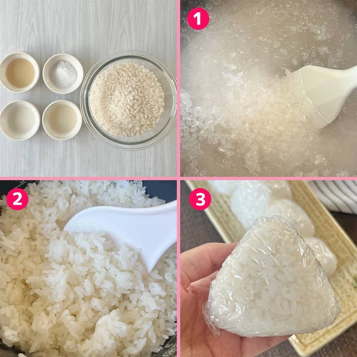 炊飯過程のコラージュ: 材料、炊飯中、炊き上がったご飯、おにぎり。