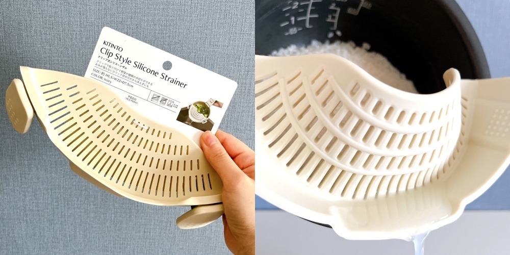 キッチン用クリップスタイルのシリコンストレーナーの使用方法を示す2つの画像。