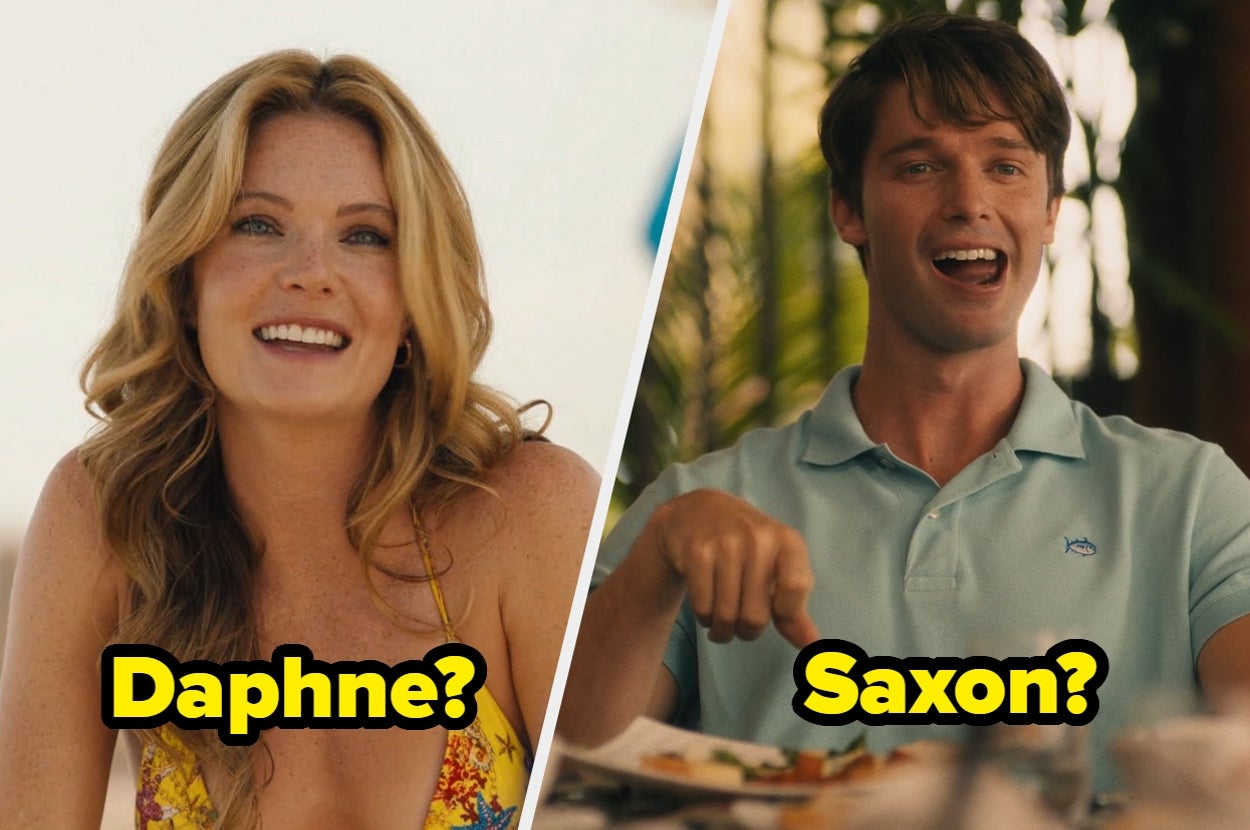 Two people, each with text suggesting names: "Daphne?" by a woman in a yellow top and "Saxon?" by a man in a polo shirt, both smiling