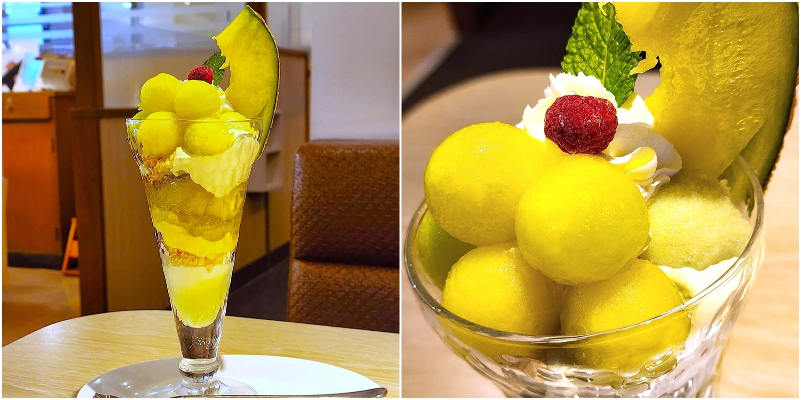 パフェにはマンゴーやラズベリー、ミントが飾られており、クリームと共にグラスに盛り付けられています。