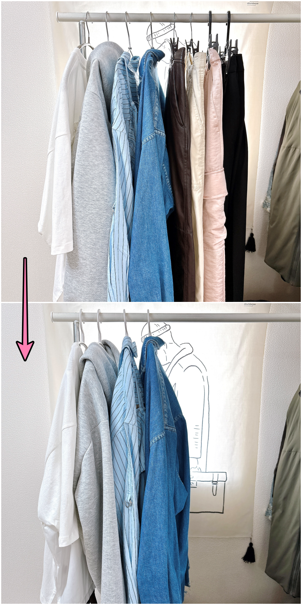 洋服ラックに様々なスタイルのシャツやパンツが並んでいる。