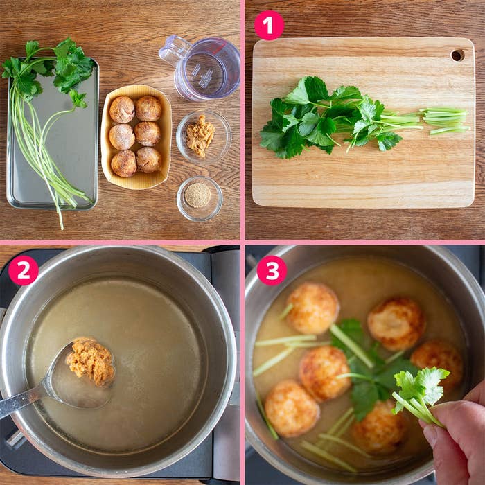 画像は、味噌とセロリを使ったスープの作り方を3ステップで示しています。