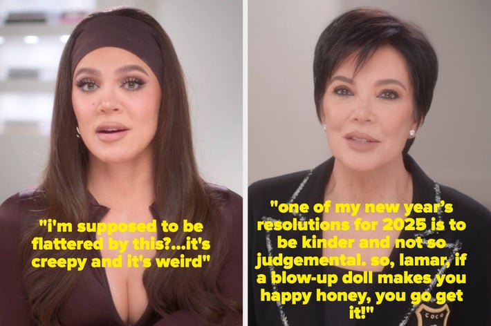 Left: Khloé Kardashian in a TV confessional, with text about weird about a creepy move. Right: Kris Jenner in a TV confessional, with text encouraging Lamar