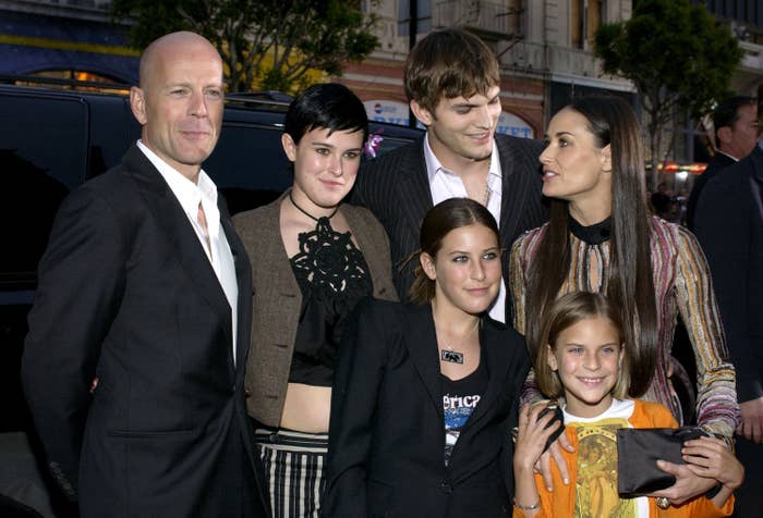 Bruce Willis, Ashton Kutcher and Demi Moore with daughters at a premiere