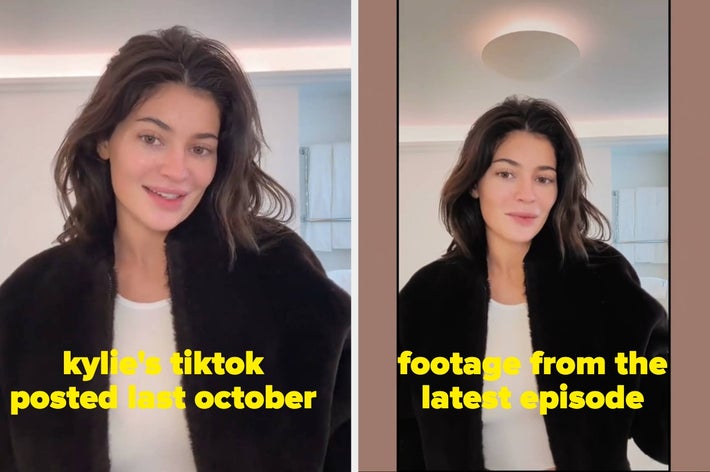 Kylie Jenner in two images side by side. The left is labeled &ldquo;kylie&rsquo;s tiktok posted last october,&rdquo; and the right, &ldquo;footage from the latest episode.&quot;