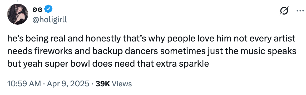Tweet by @holigirl1 praising an artist's simplicity, noting not all performances need fireworks or dancers, but some events like the Super Bowl might