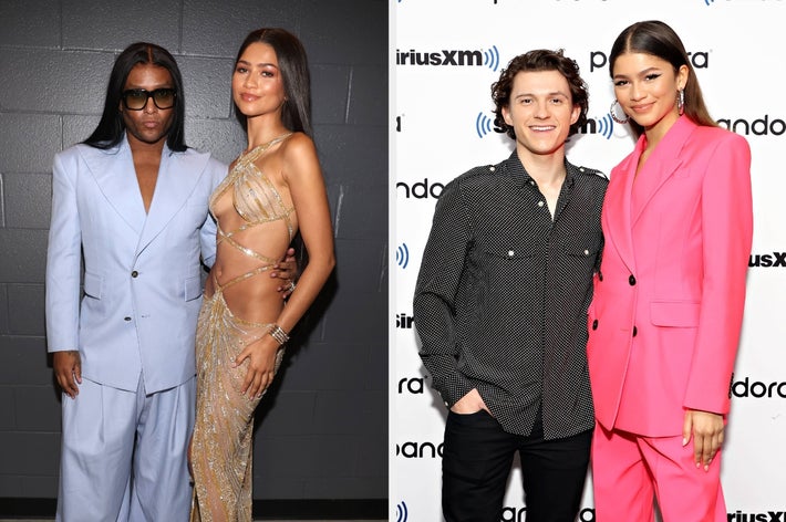Two photos: Left shows a fashionably dressed pair at an event. Right shows a woman in a pink suit and a man in casual wear at a media backdrop