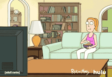 Animated woman on couch eats popcorn, watching TV in living room. TV displays a scene from "Rick and Morty."