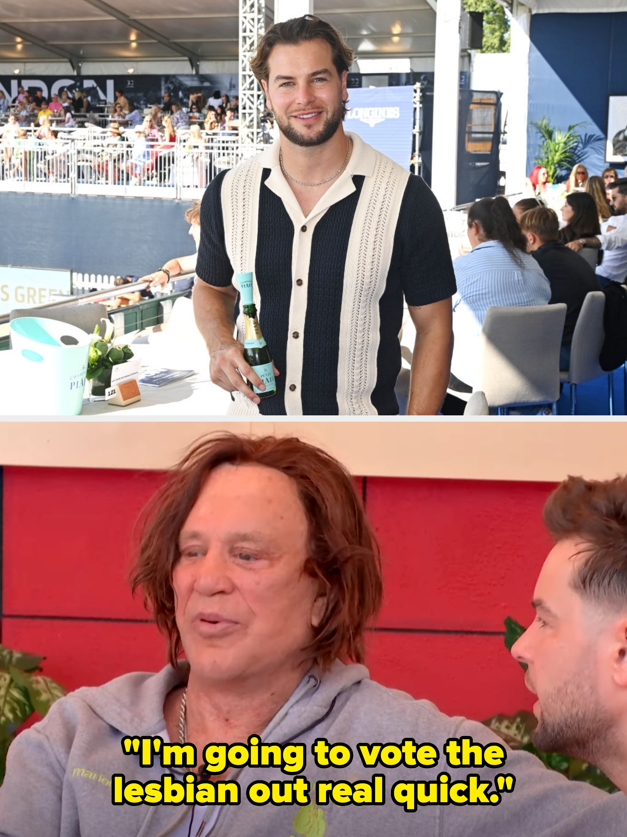 Person with short hair holds a drink, wearing a short-sleeved, button-up knit shirt with vertical patterns, in an outdoor event setting