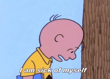 Animated character with a yellow shirt leans on a tree, looking frustrated. Text says, "I am sick of myself."