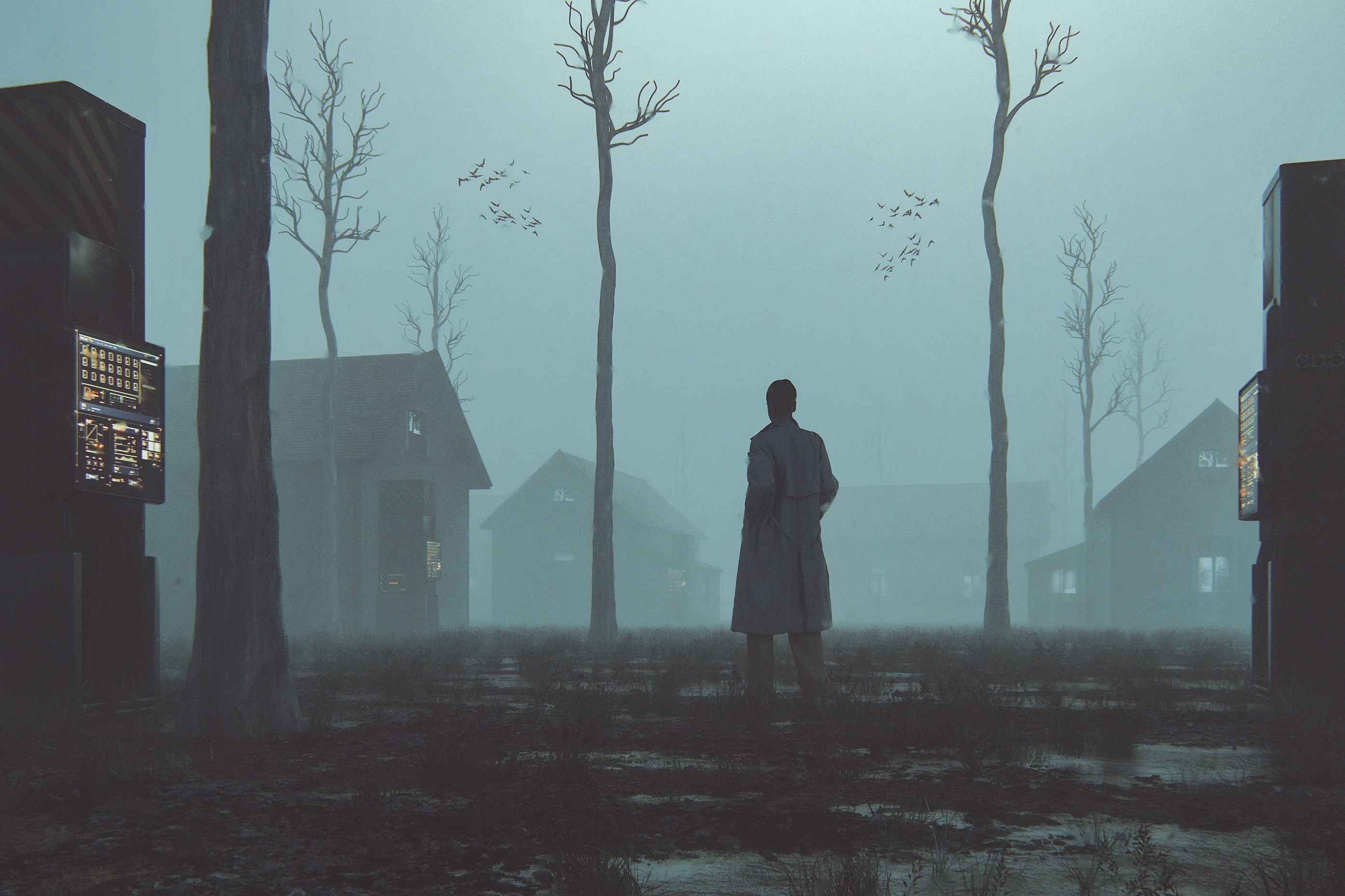 A person in a trench coat stands in a foggy, eerie landscape with leafless trees and surrounding houses