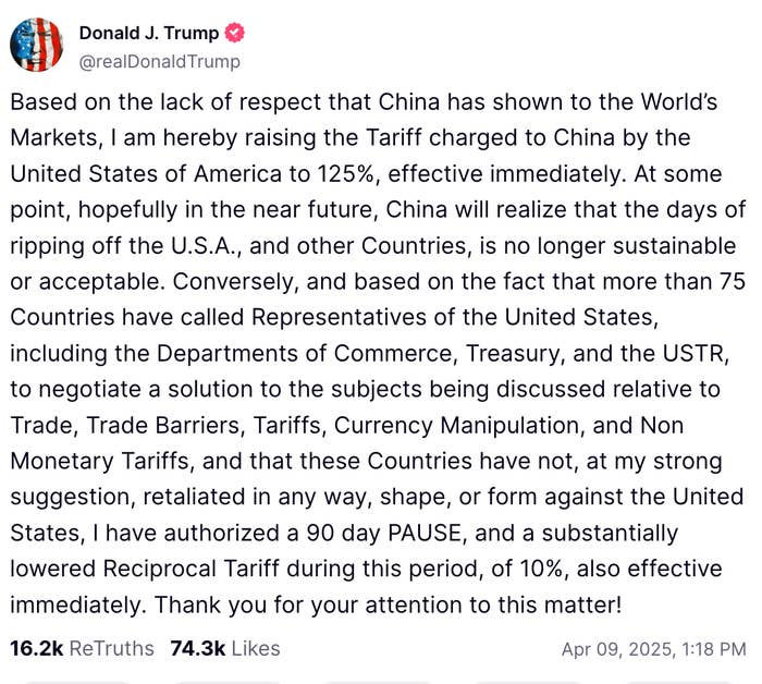 Social media post by a public figure announcing a 125% tariff on Chinese goods, aiming to negotiate future changes