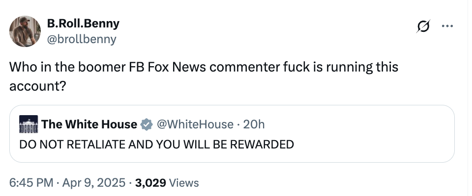A tweet questioning the author of a controversial message by The White House promoting non-retaliation