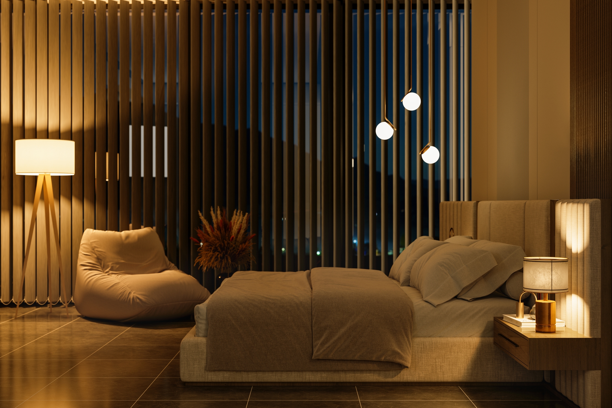 Cozy bedroom with modern lighting, a soft bean bag chair, and a neatly made bed with a nightstand lamp, creating a serene atmosphere