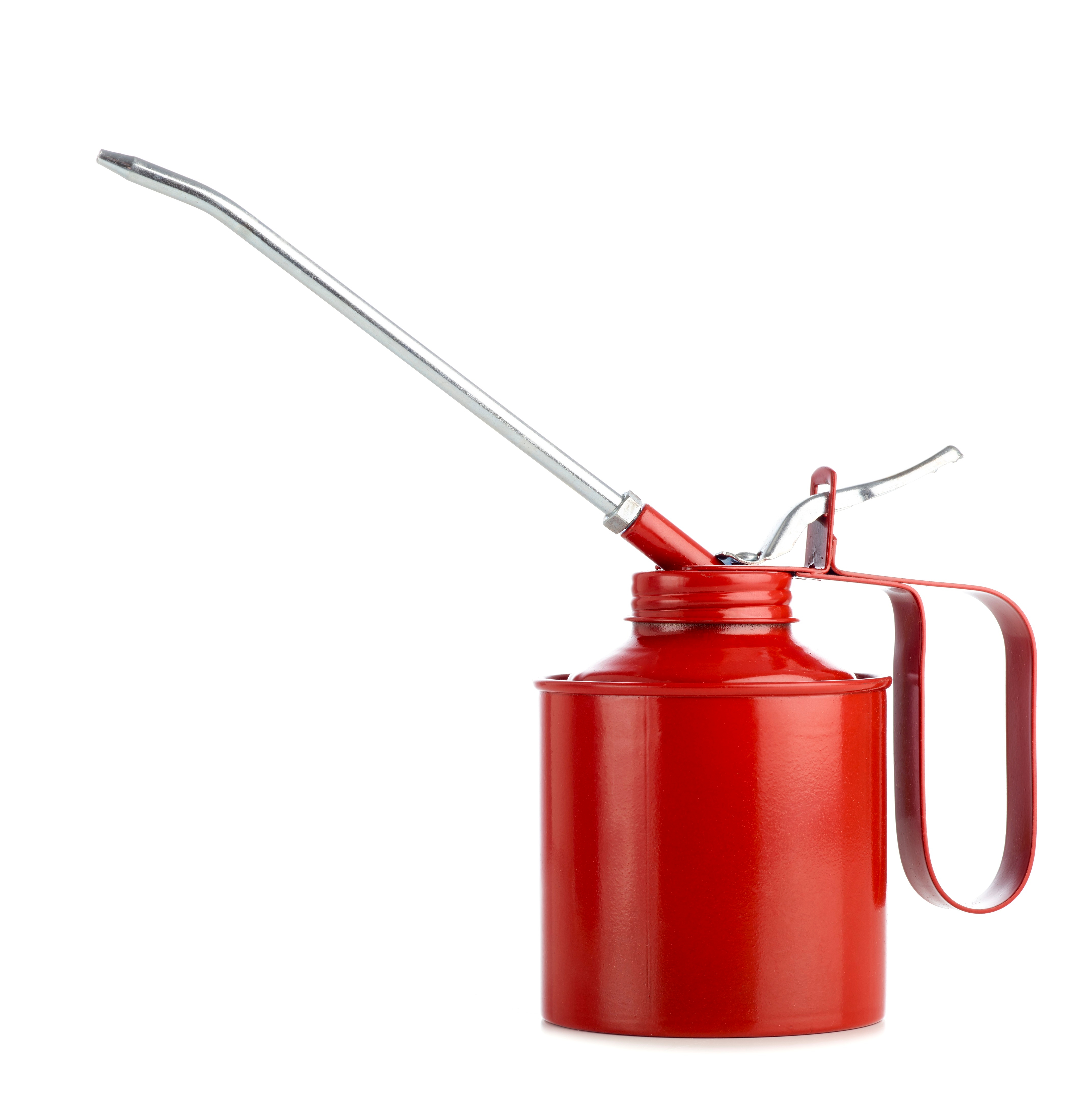 Red oil can with a long spout and handle, used for precise lubrication tasks