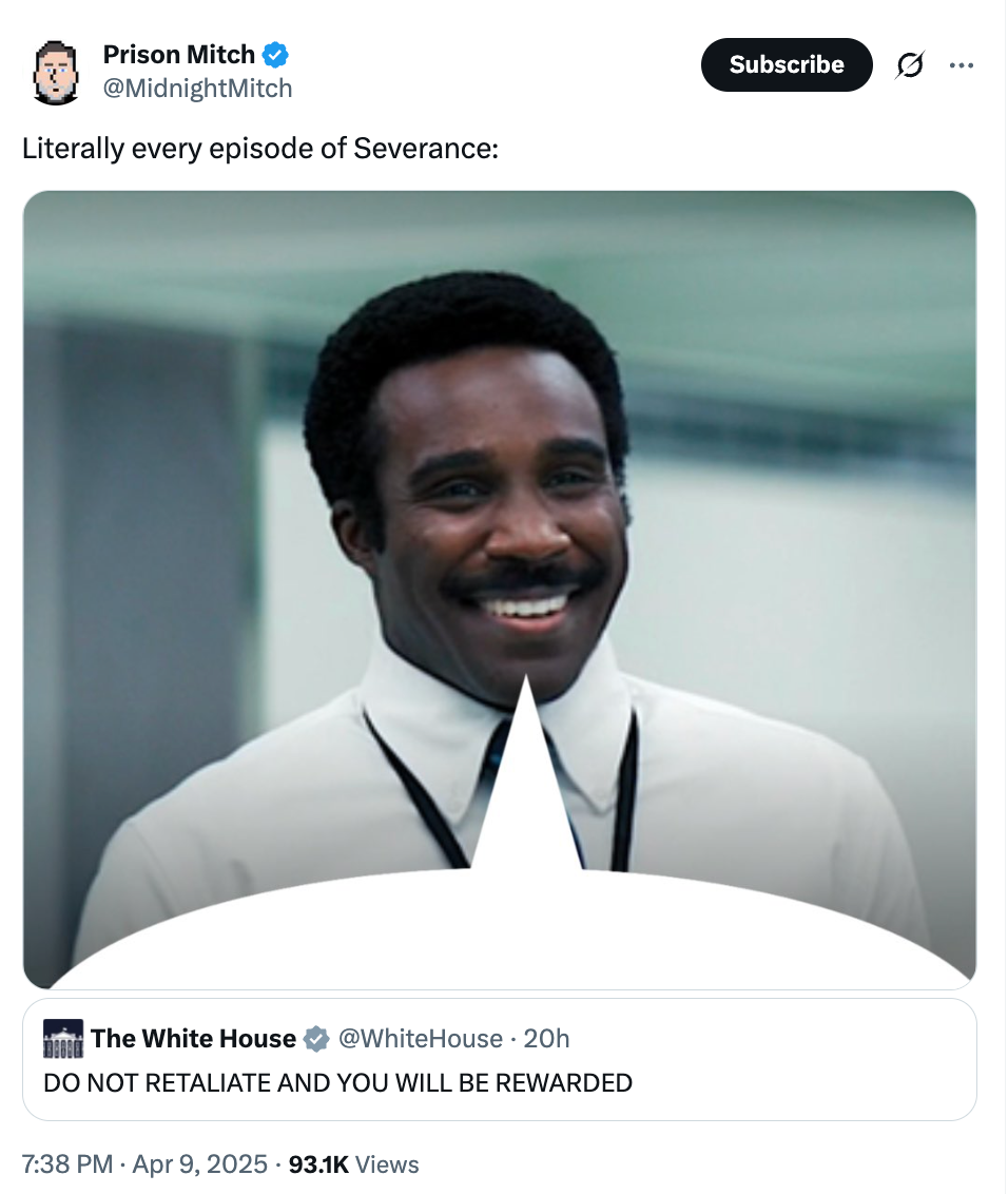 A smiling man is shown above a tweet from the White House saying, "DO NOT RETALIATE AND YOU WILL BE REWARDED."