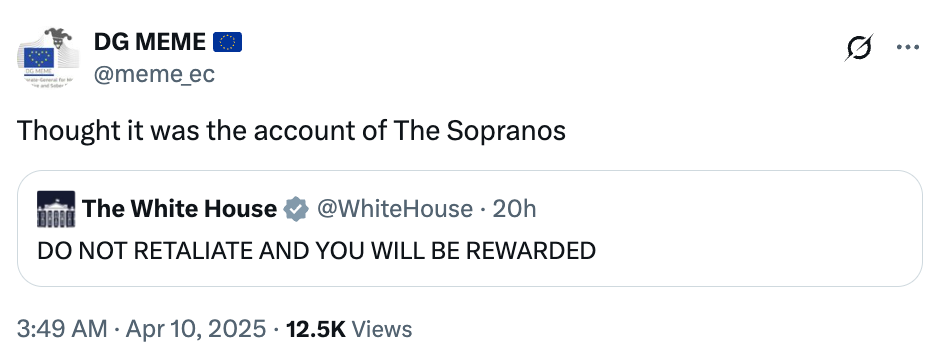 Tweet comparing a White House tweet, "DO NOT RETALIATE AND YOU WILL BE REWARDED," to "The Sopranos" account due to its dramatic tone