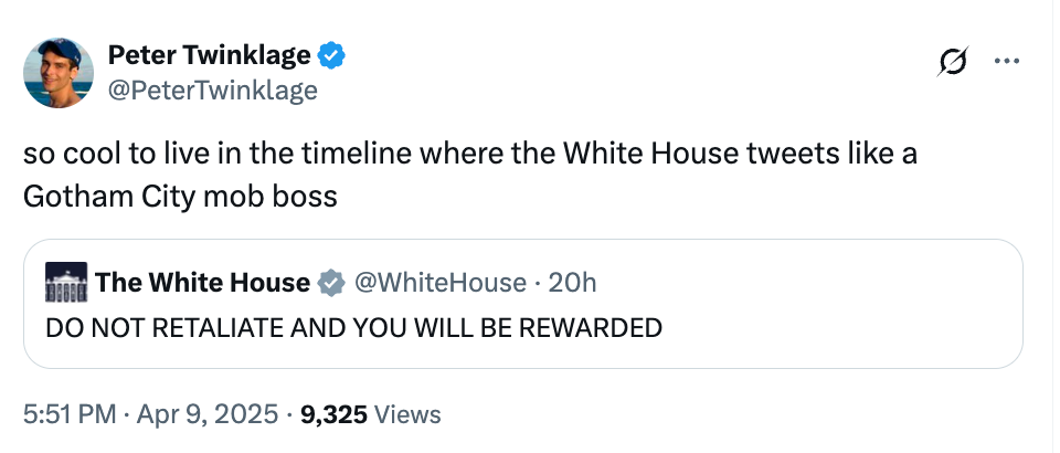 Tweet from Peter Twinklage about a White House tweet promising a reward for not retaliating, likening it to a Gotham City mob boss