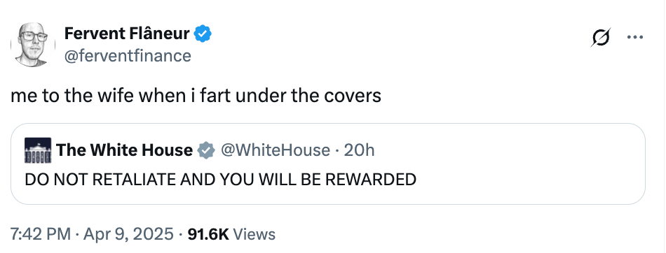 A tweet humorously compares responding to farting under the covers to a White House statement about not retaliating for rewards