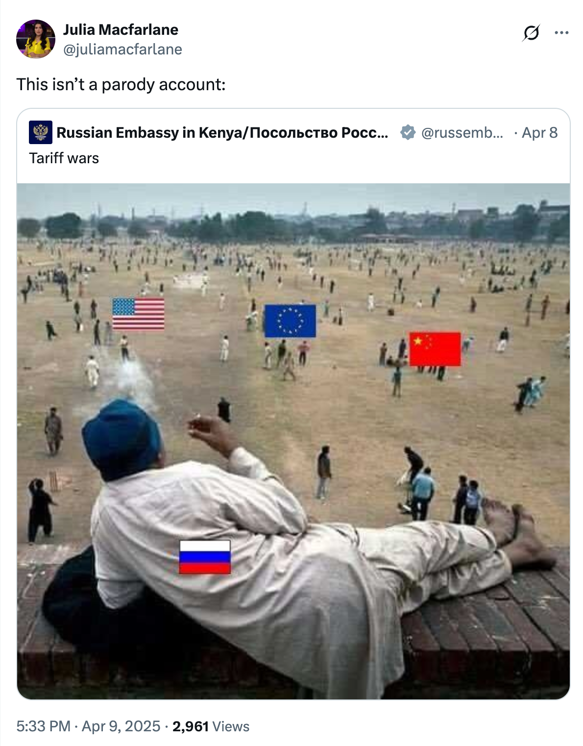 Person on a hill with a Russian flag on their back watches people carrying large flags, including EU and China, in a field. Text: "This isn’t a parody account."