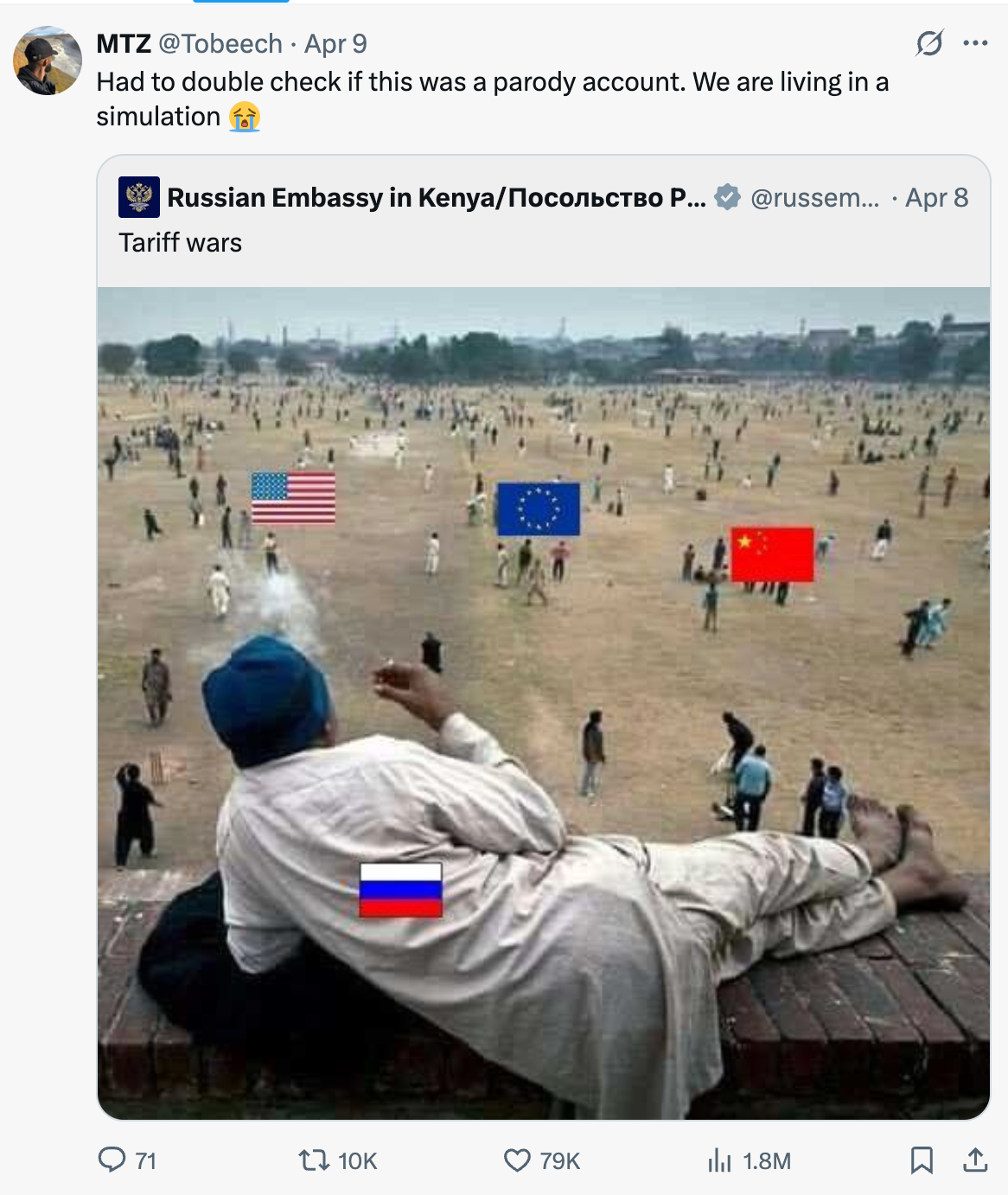 Person in field looks at country flags (Russia, EU, China, USA) photoshopped onto kites; tweet jokes about surreal nature of international relations