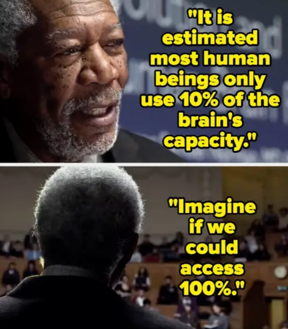 Two images show a man speaking. Text reads: &quot;It is estimated most human beings only use 10% of the brain's capacity.&quot; &quot;Imagine if we could access 100%.&quot;