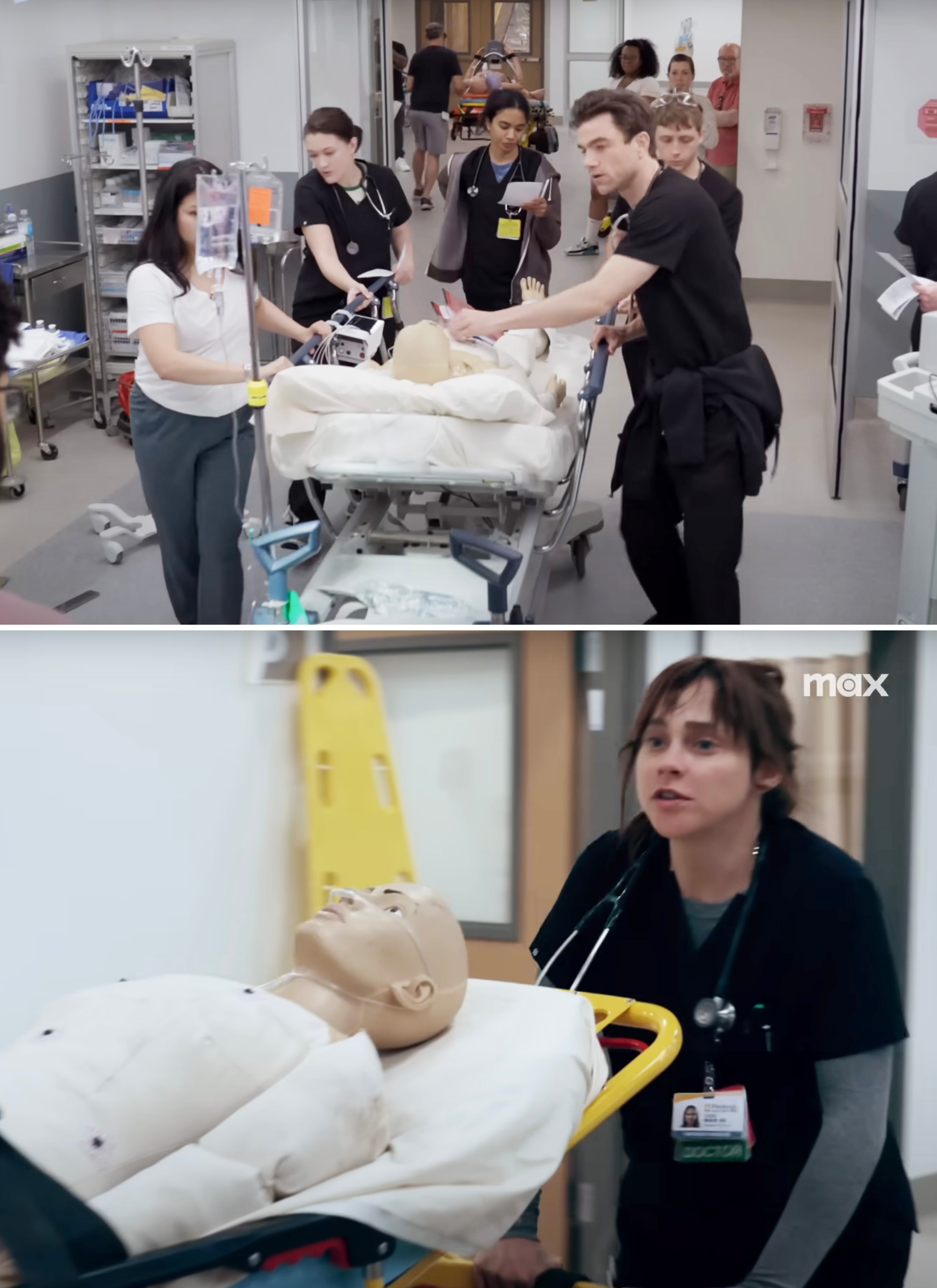 Two behind the scenes photos showing The Pitt actors during a rehearsal for a trauma scene