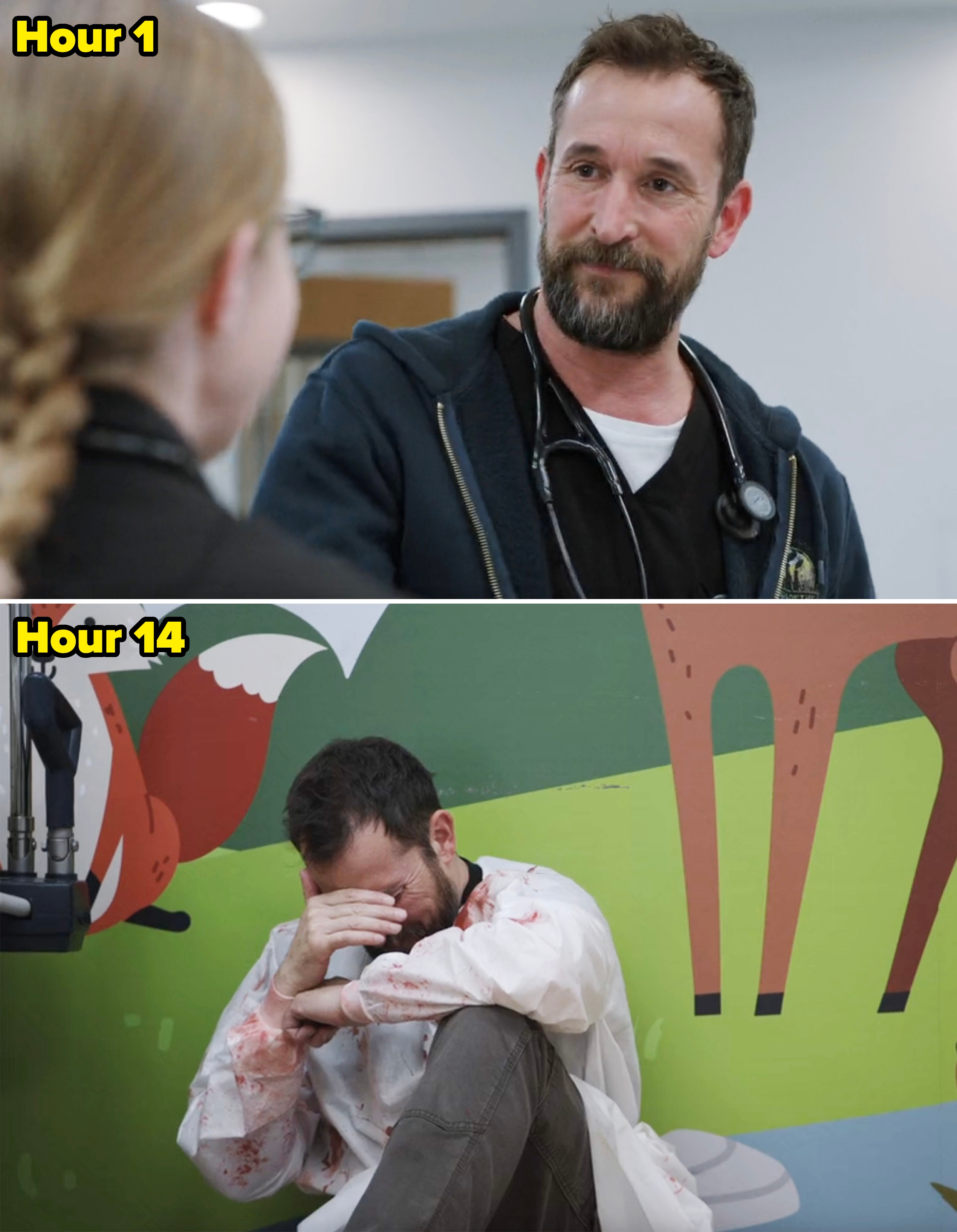 Two scenes from The Pitt showing Dr. Robby smiling during Hour 1 and then crying on the floor during Hour 14