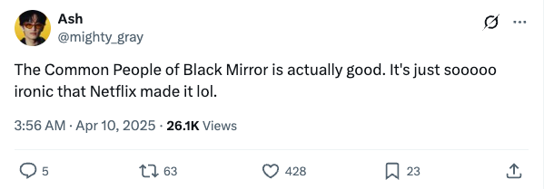 Tweet joking about the irony of Netflix producing a show titled "The Common People of Black Mirror."