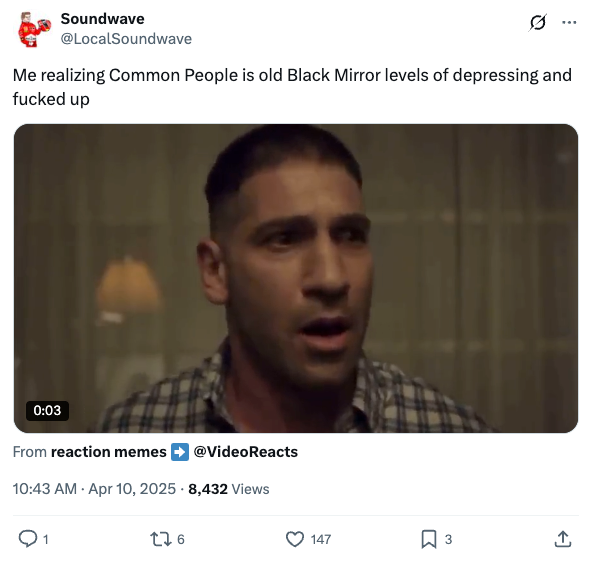 A man with a concerned expression is featured in a meme about realizing the intensity of the TV show "Black Mirror."