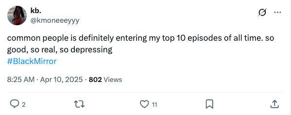 Tweet about "Common People" as a top 10 episode, described as good, real, and depressing, with the hashtag #BlackMirror