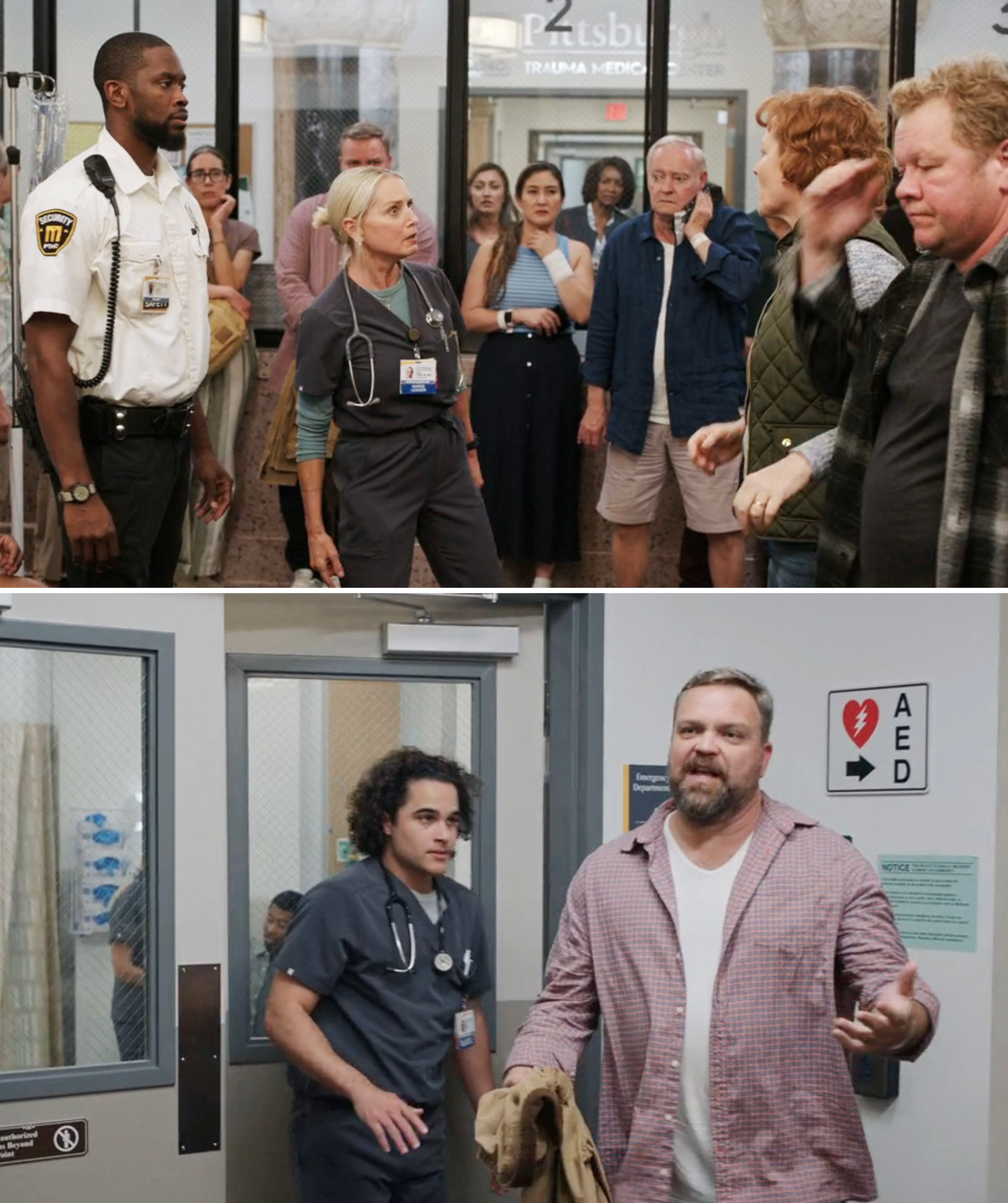 Dana yelling at patients in the ER waiting room in a scene from "The Pitt"