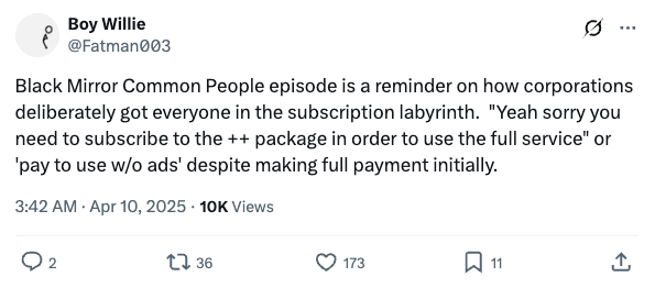 Tweet discussing a "Black Mirror Common People" episode and its commentary on subscription models