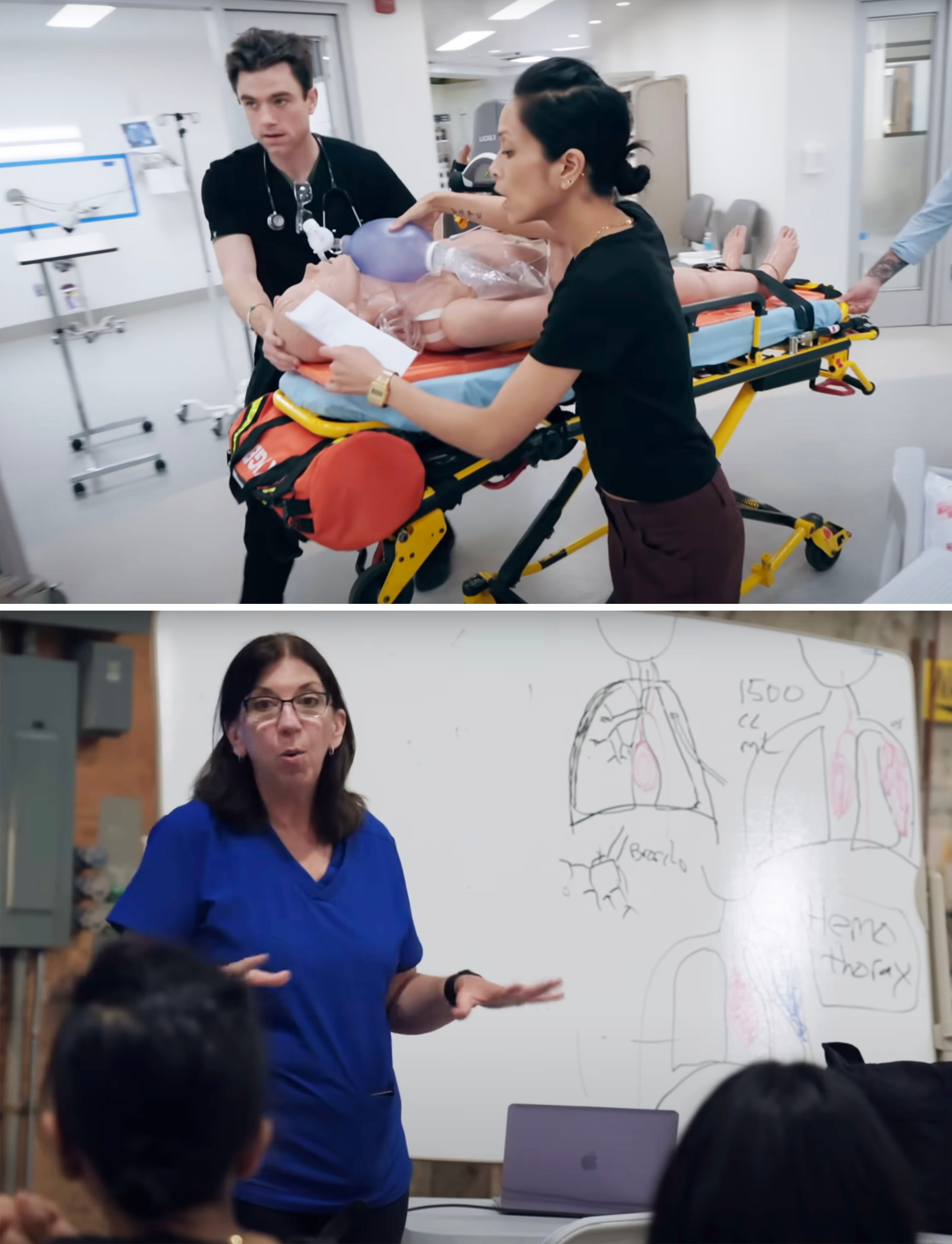 The cast of "The Pitt" during medical boot camp, which shows them learning to wheel a gurney and a doctor teaching them during a class