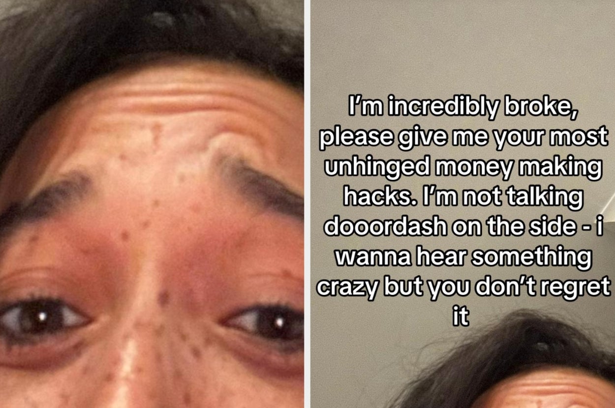 Close-up of a person's eyes and forehead on the left; text on the right humorously asks for unusual money-making hacks beyond typical jobs