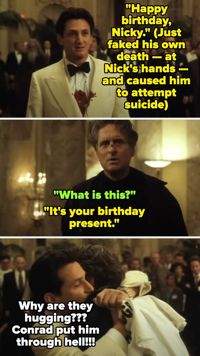 Three film stills show an intense moment with characters confronting each other about a fake death as a birthday surprise