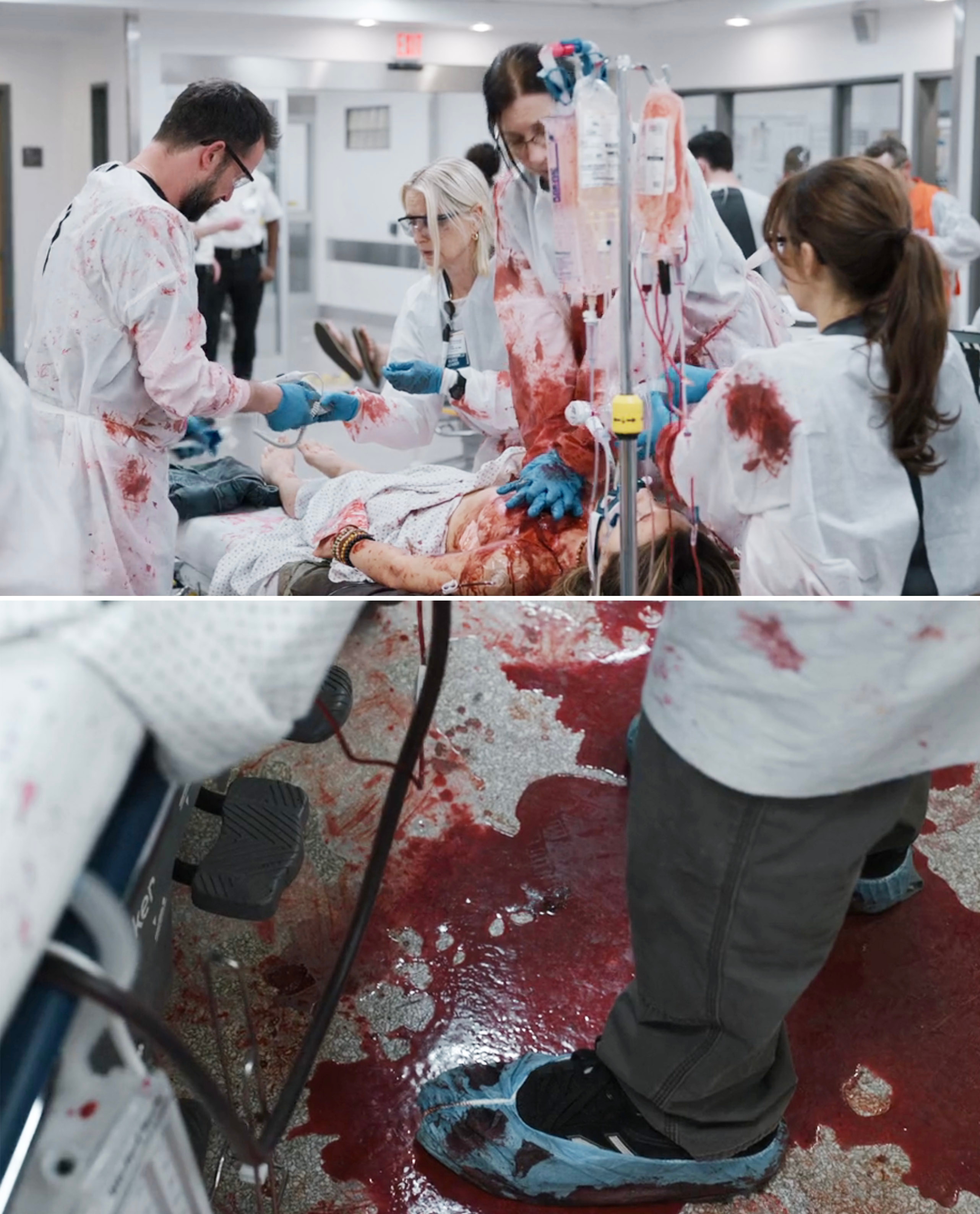 A scene from "The Pitt" showing doctors in very bloody scrumbs and Dr. Robby standing in a pool of blood