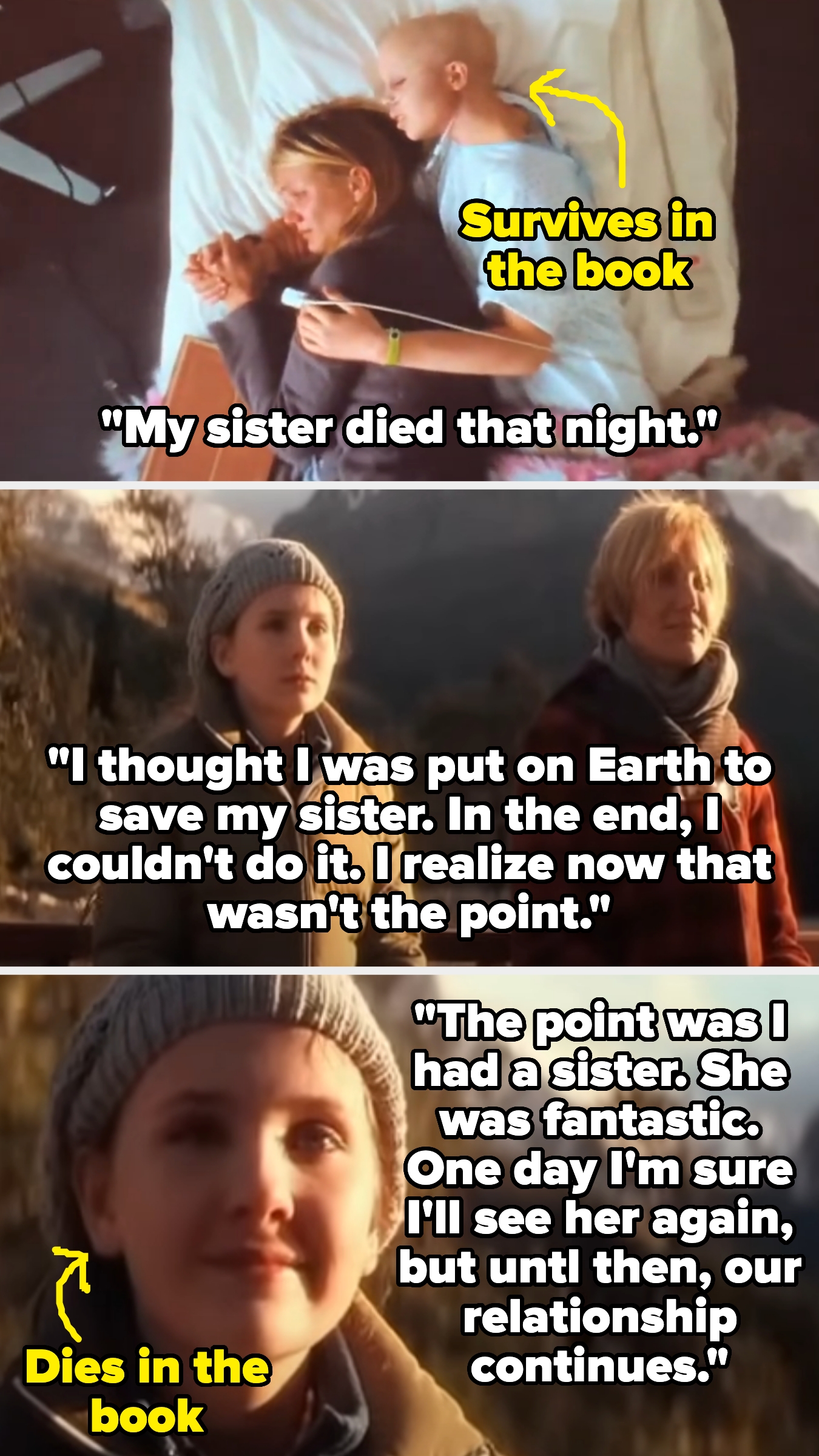 Two scenes from a movie with different outcomes: in the book, the sister survives; on screen, she dies. Text reflects on purpose and relationship
