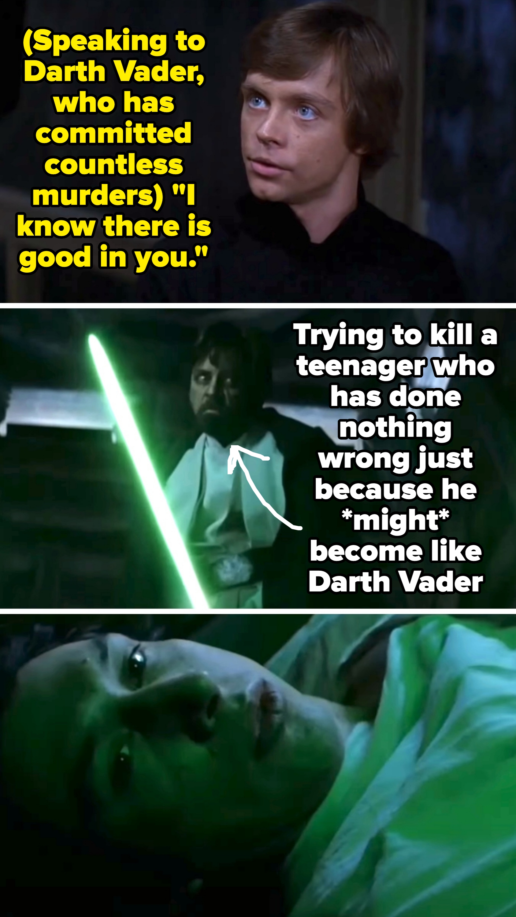 Scene from Star Wars: Luke Skywalker in a black outfit with a green lightsaber, followed by someone lying down, showing tension and drama