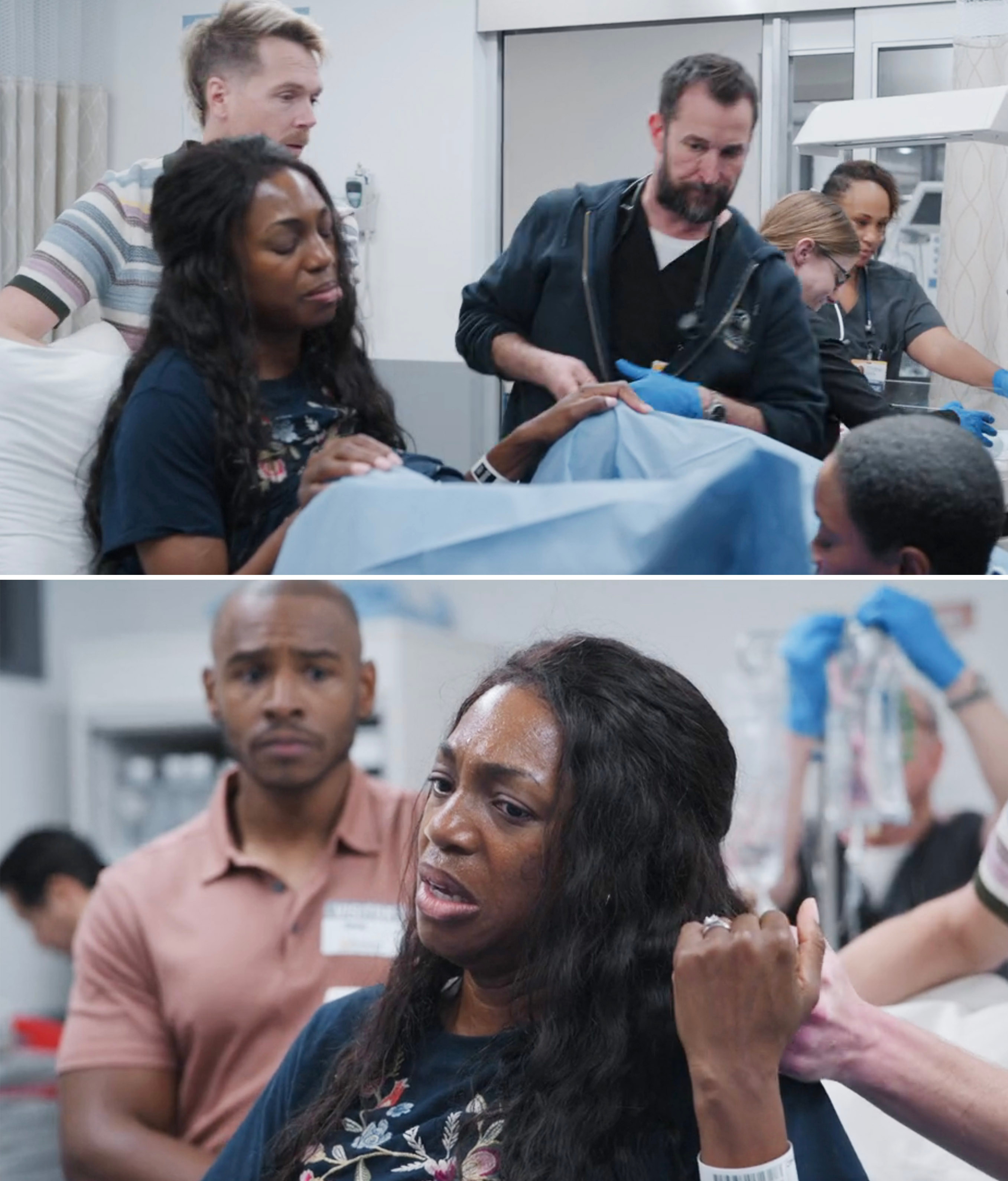 Natalie giving birth as Dr. Robby watches and doctors assist