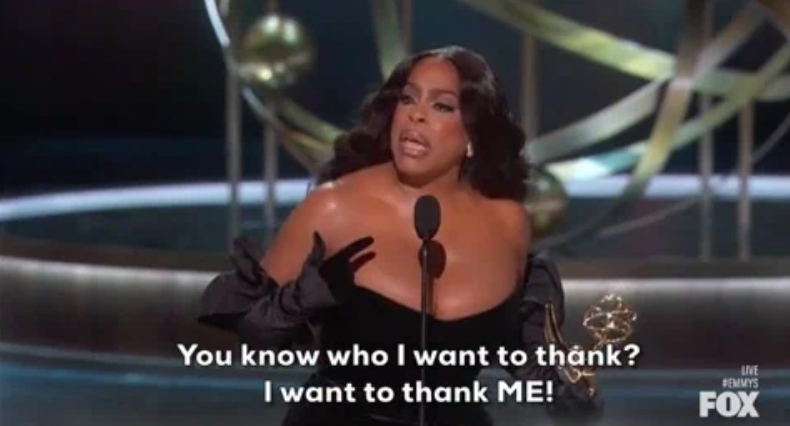 Person holding Emmy on stage, saying, "You know who I want to thank? I want to thank ME!"