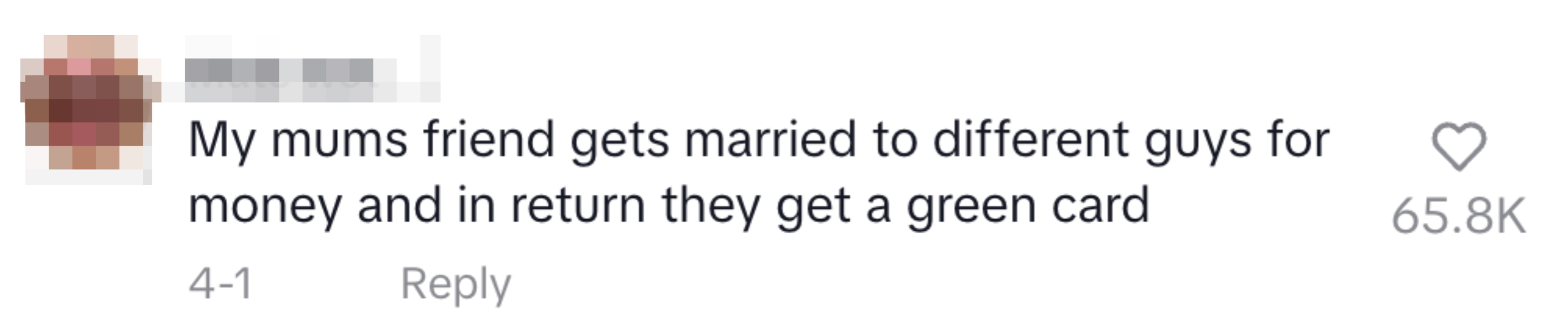 Comment on someone marrying different guys for money in exchange for green cards; liked by 65.8K people