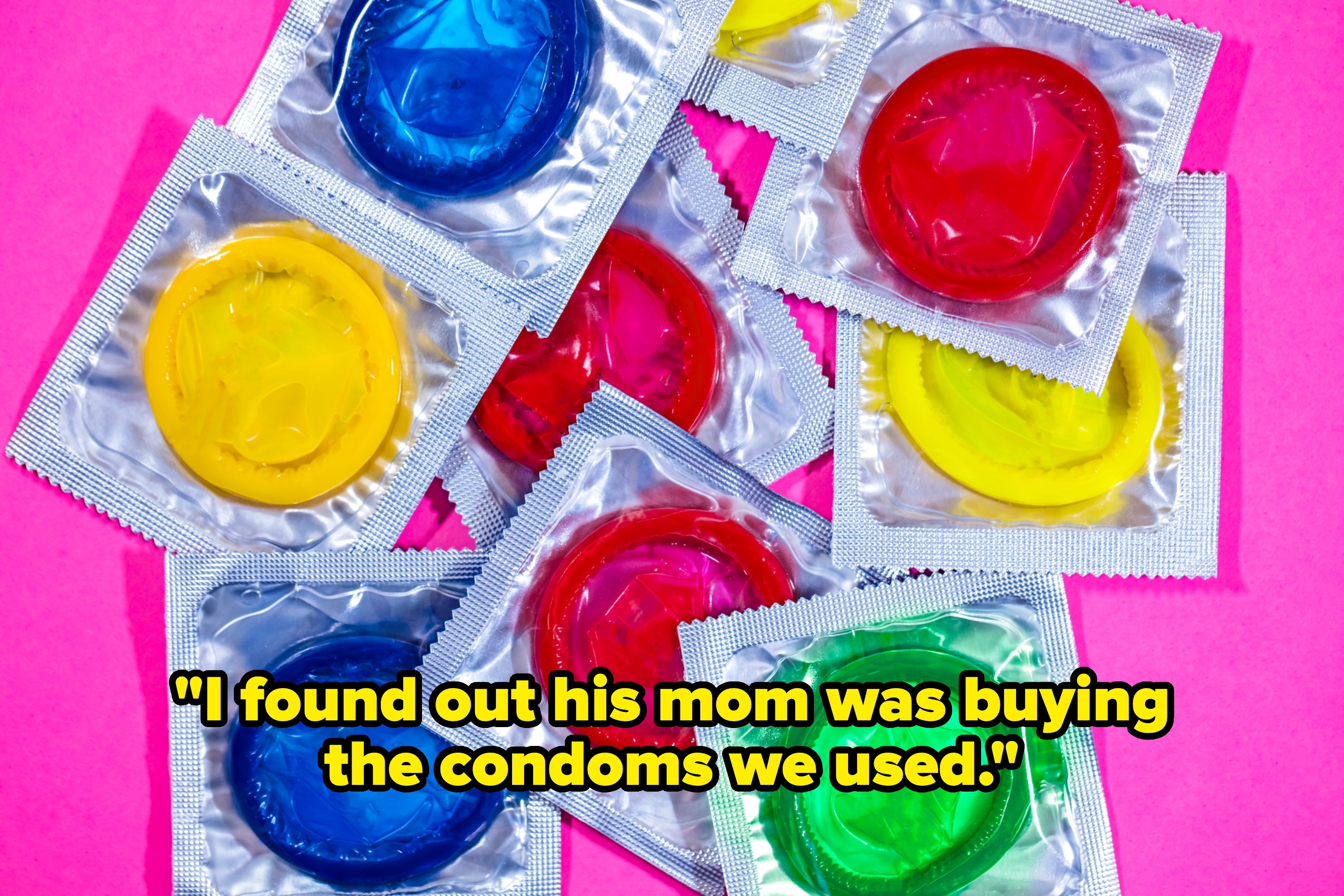 Various colorful condom packets on a pink background, symbolizing safe sex practices
