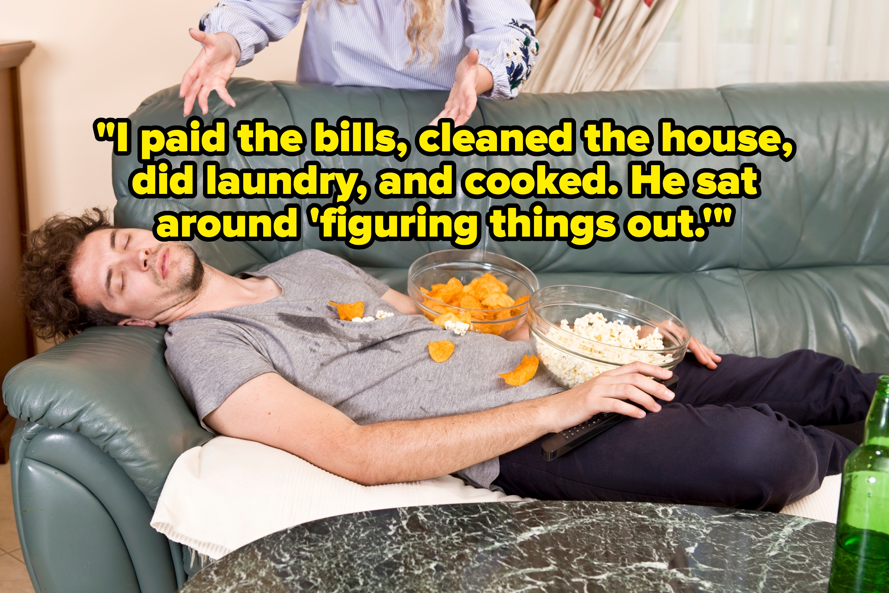 Person asleep on a couch with snacks on their chest, another person gesturing in frustration nearby