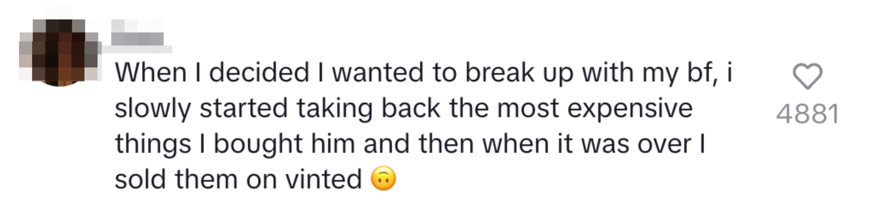 A user shares a story about reclaiming expensive gifts from their ex before breaking up and selling them on Vinted, accompanied by a pensive emoji